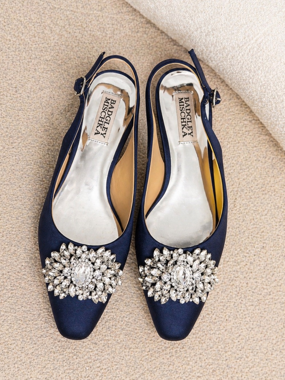 Badgley Mischka Navy Satin Jeweled Pointed Slingback Kitten Heels